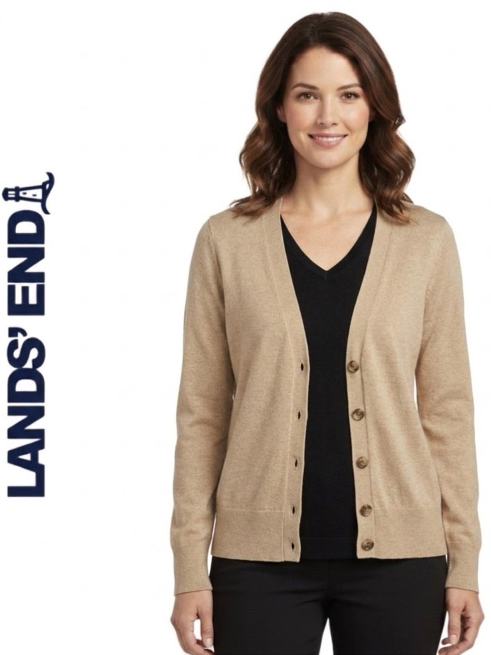 NEW Lands End Fine Knit Long Sleeve V-Neck Cardigan, Tan, XS (Fits S/M)
